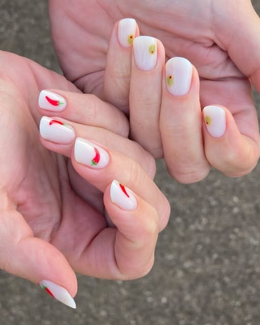 Soft white short nails with tiny hand-painted red chilli peppers and yellow dots