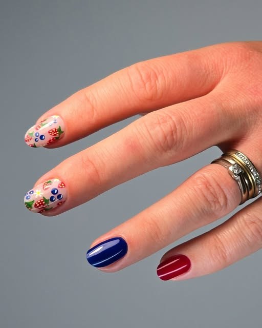 Pink nails with hand-painted strawberry and blueberry art, with navy and burgundy accent nails
